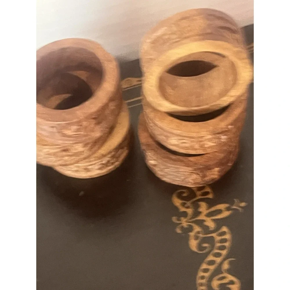 Vintage MCM Carved‎ Wood Napkin Rings Set of 6 Brown Flowers Boho Decor Tiki